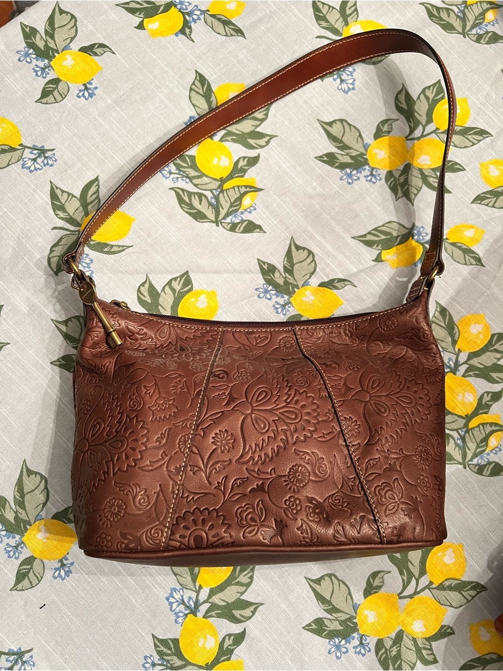 Fossil Brown Floral Embossed Leather Shoulder Bag